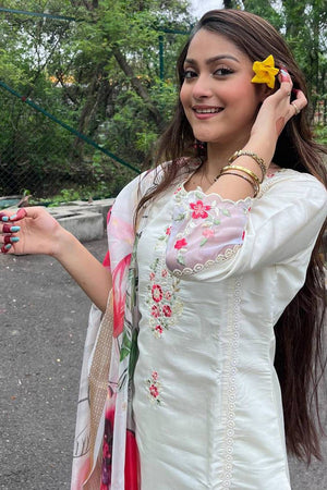 White Floral Printed Chanderi Straight Cut Suit Set