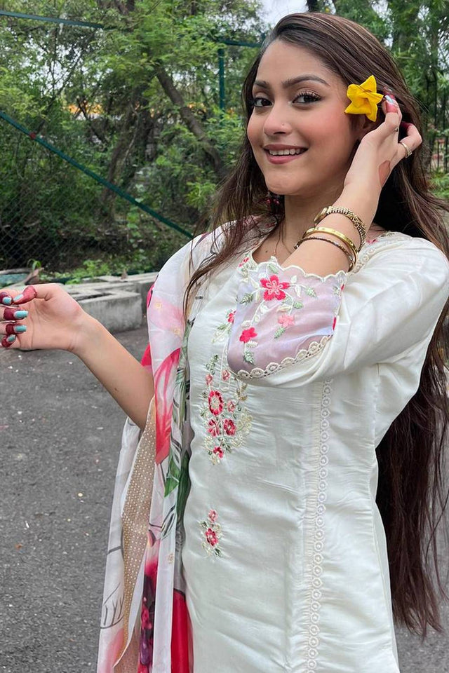 White Floral Printed Chanderi Straight Cut Suit Set