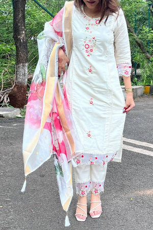 White Floral Printed Chanderi Straight Cut Suit Set