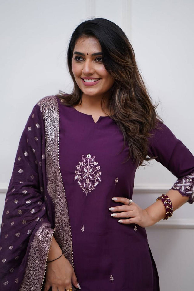 Purple Floral Embroidered Chanderi Kurti Pant Set
