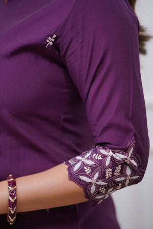 Purple Floral Embroidered Chanderi Kurti Pant Set