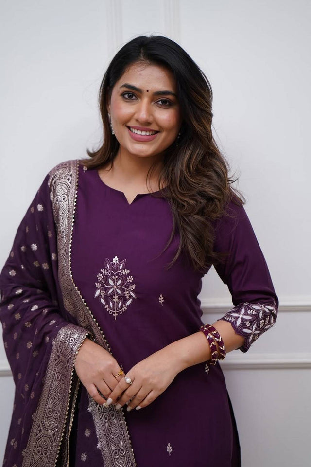 Purple Floral Embroidered Chanderi Kurti Pant Set