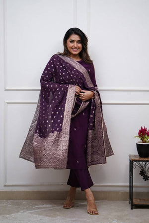 Purple Floral Embroidered Chanderi Kurti Pant Set