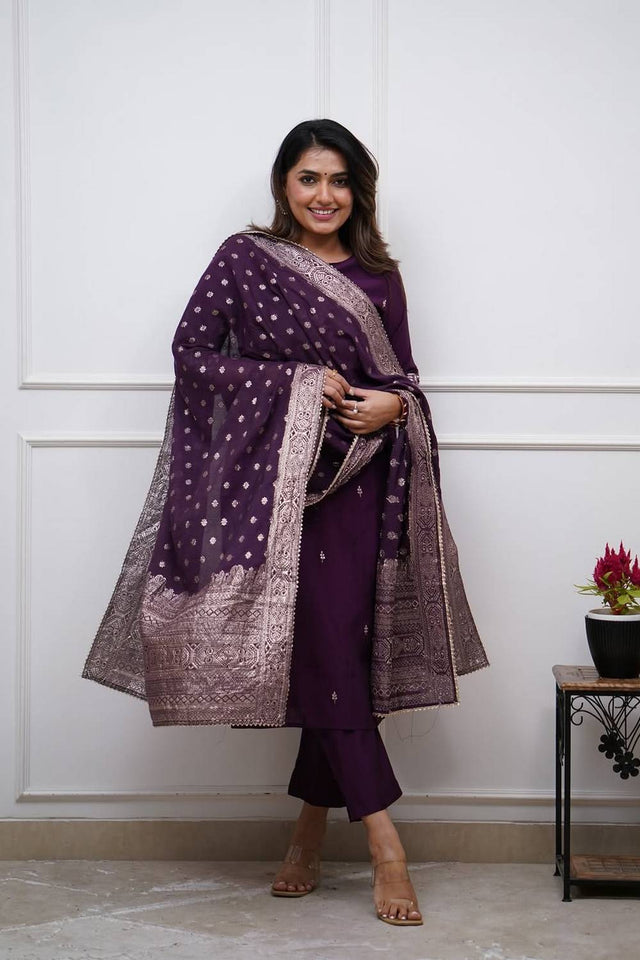 Purple Floral Embroidered Chanderi Kurti Pant Set
