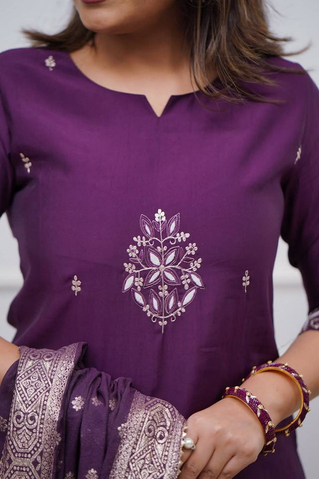 Purple Floral Embroidered Chanderi Kurti Pant Set