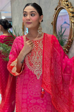 Pink Bandhani Printed Crepe Straight Cut Suit Set
