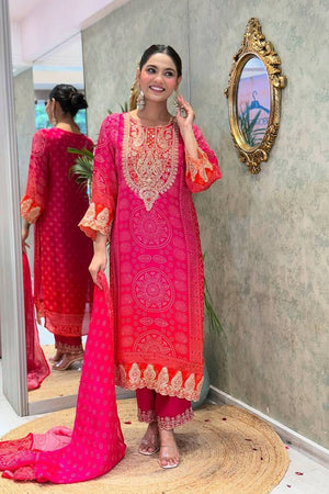 Pink Bandhani Printed Crepe Straight Cut Suit Set