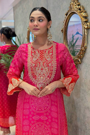 Pink Bandhani Printed Crepe Straight Cut Suit Set