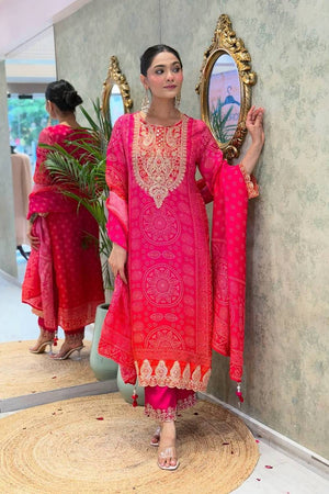Pink Bandhani Printed Crepe Straight Cut Suit Set