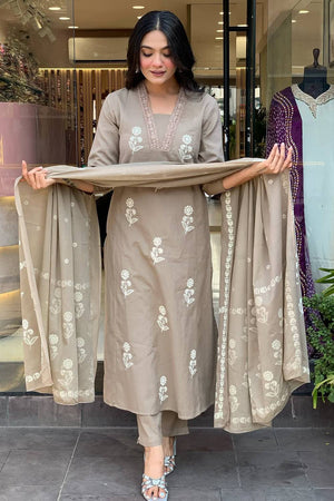 Cream Floral Embroidered Cotton Kurti Pant Set