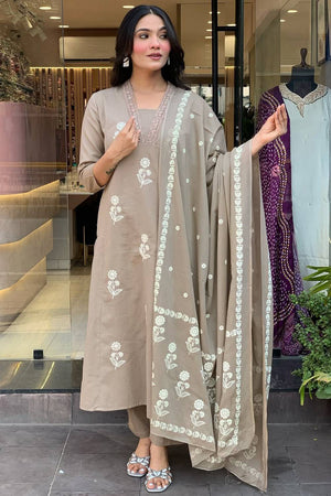 Cream Floral Embroidered Cotton Kurti Pant Set