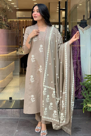 Cream Floral Embroidered Cotton Kurti Pant Set