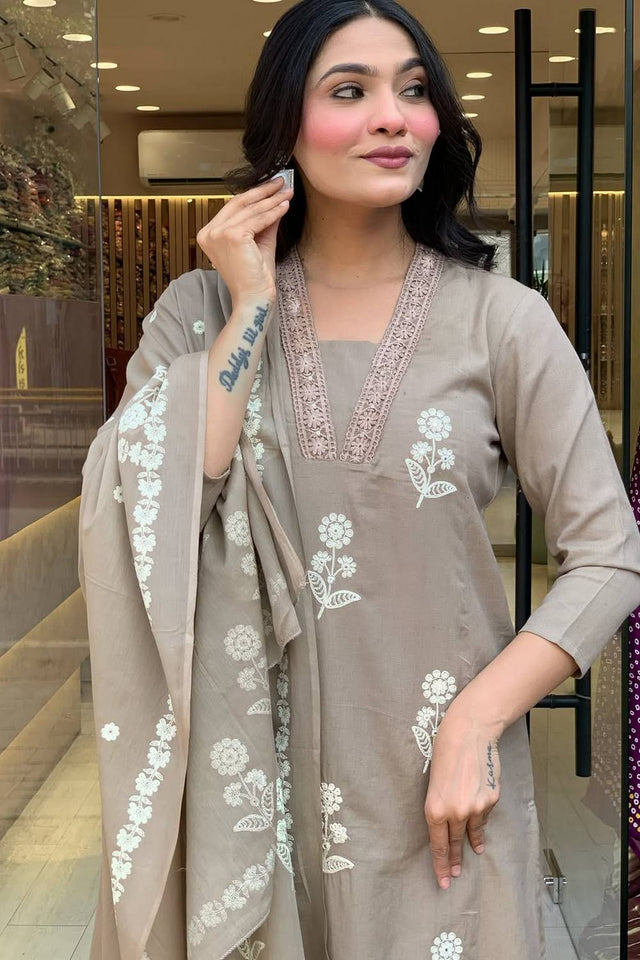 Cream Floral Embroidered Cotton Kurti Pant Set