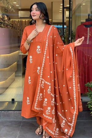 Orange Floral Embroidered Cotton Kurti Pant Set