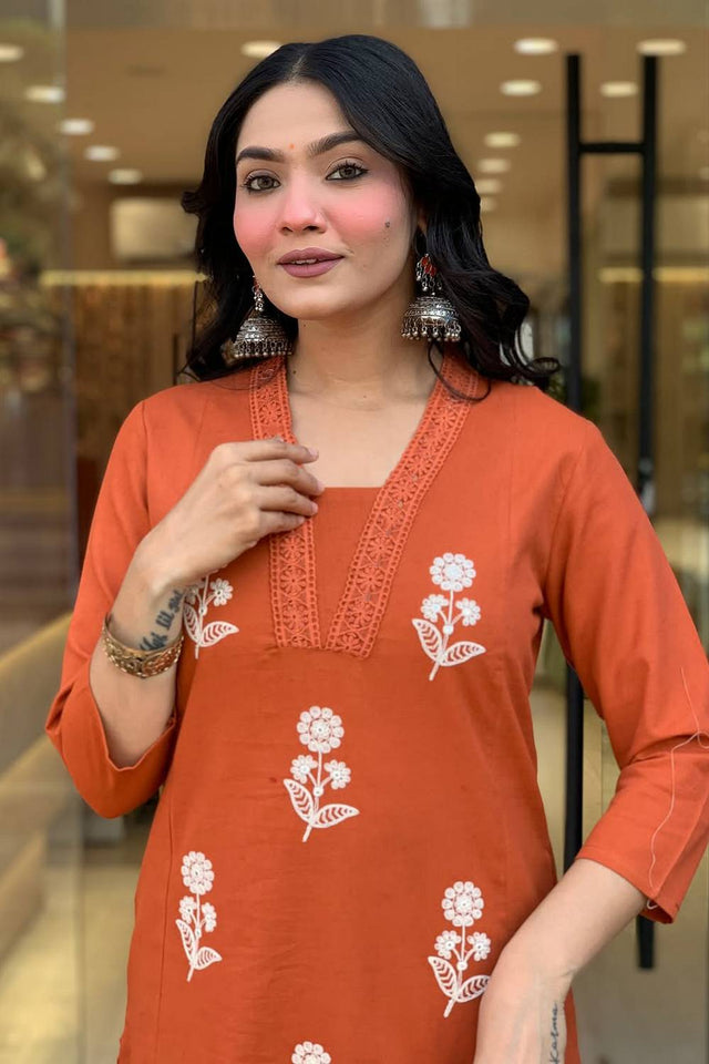 Orange Floral Embroidered Cotton Kurti Pant Set