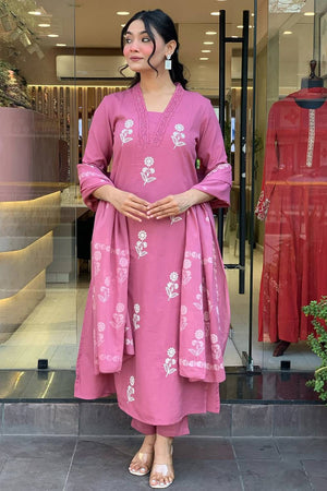 Peach Floral Embroidered Cotton Kurti Pant Set