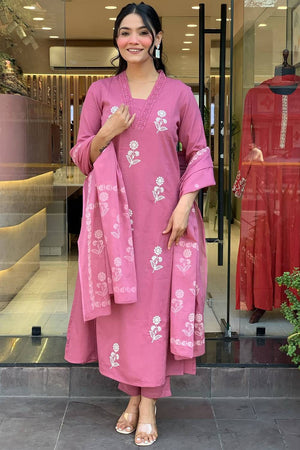 Peach Floral Embroidered Cotton Kurti Pant Set