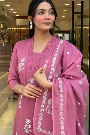 Peach Floral Embroidered Cotton Kurti Pant Set