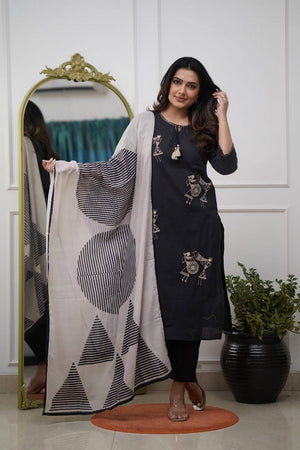 Black Floral Embroidered Silk Kurti Pant Set