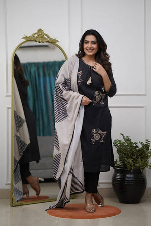 Black Floral Embroidered Silk Kurti Pant Set