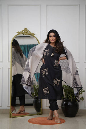 Black Floral Embroidered Silk Kurti Pant Set