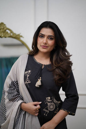 Black Floral Embroidered Silk Kurti Pant Set