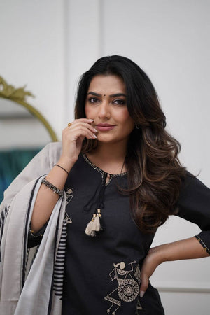 Black Floral Embroidered Silk Kurti Pant Set