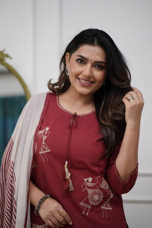 Maroon Floral Embroidered Silk Kurti Pant Set