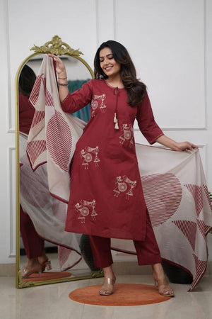 Maroon Floral Embroidered Silk Kurti Pant Set