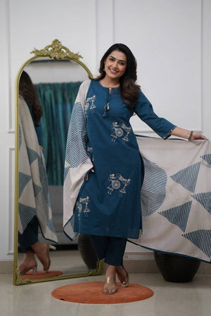 Turquoise Floral Embroidered Silk Kurti Pant Set