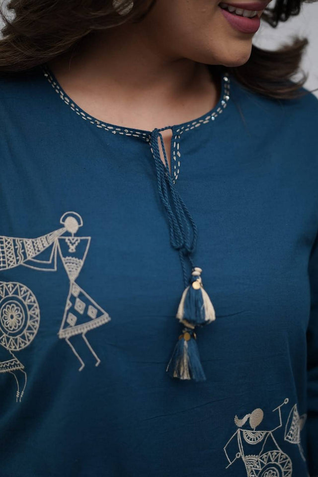 Turquoise Floral Embroidered Silk Kurti Pant Set