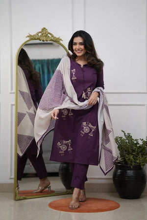 Wine Floral Embroidered Silk Kurti Pant Set