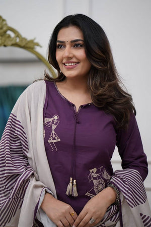 Wine Floral Embroidered Silk Kurti Pant Set