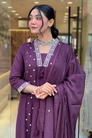 Violet Mirror Sequin Cotton Anarkali Suit Set