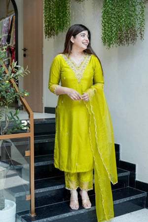 Green Floral Embroidered Chanderi Straight Cut Suit Set