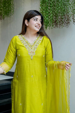 Green Floral Embroidered Chanderi Straight Cut Suit Set