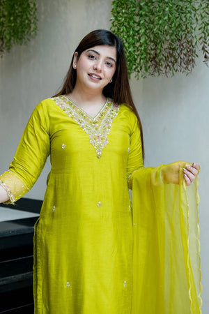 Green Floral Embroidered Chanderi Straight Cut Suit Set