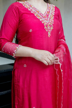 Pink Floral Embroidered Chanderi Straight Cut Suit Set