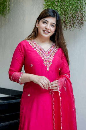 Pink Floral Embroidered Chanderi Straight Cut Suit Set