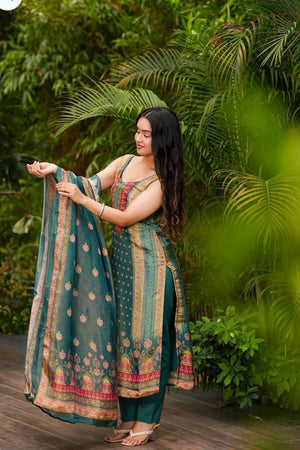 Green Printed Silk Kurti Pant Set