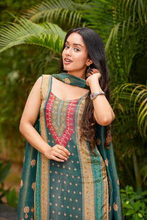 Green Printed Silk Kurti Pant Set