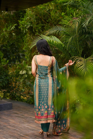 Green Printed Silk Kurti Pant Set