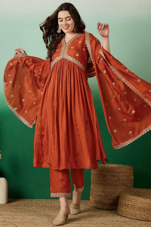 Orange Floral Embroidered Silk Anarkali Suit Set