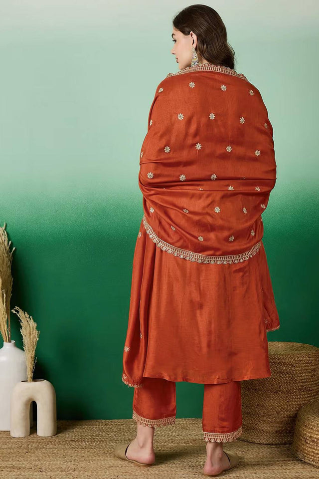 Orange Floral Embroidered Silk Anarkali Suit Set