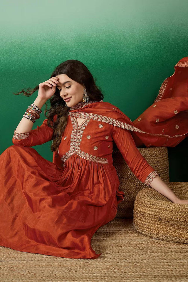 Orange Floral Embroidered Silk Anarkali Suit Set
