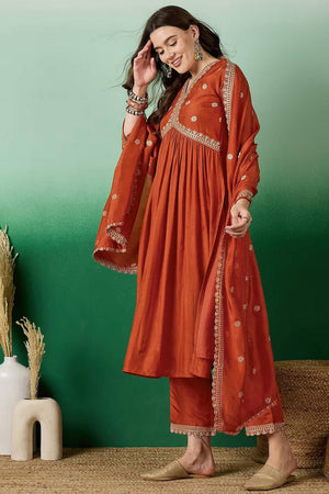 Orange Floral Embroidered Silk Anarkali Suit Set