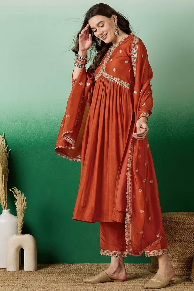 Orange Floral Embroidered Silk Anarkali Suit Set
