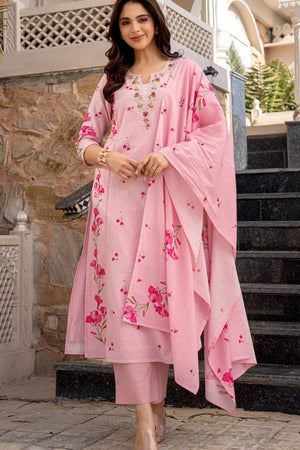 Pink Floral Printed Chanderi Straight Cut Suit Set