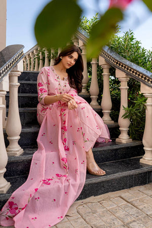 Pink Floral Printed Chanderi Straight Cut Suit Set
