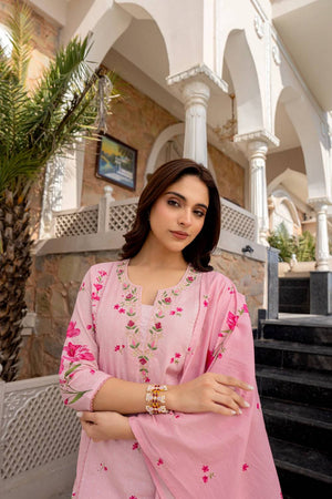 Pink Floral Printed Chanderi Straight Cut Suit Set